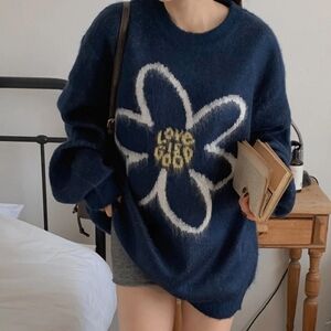 Navy Floral Graphic Knit Sweater